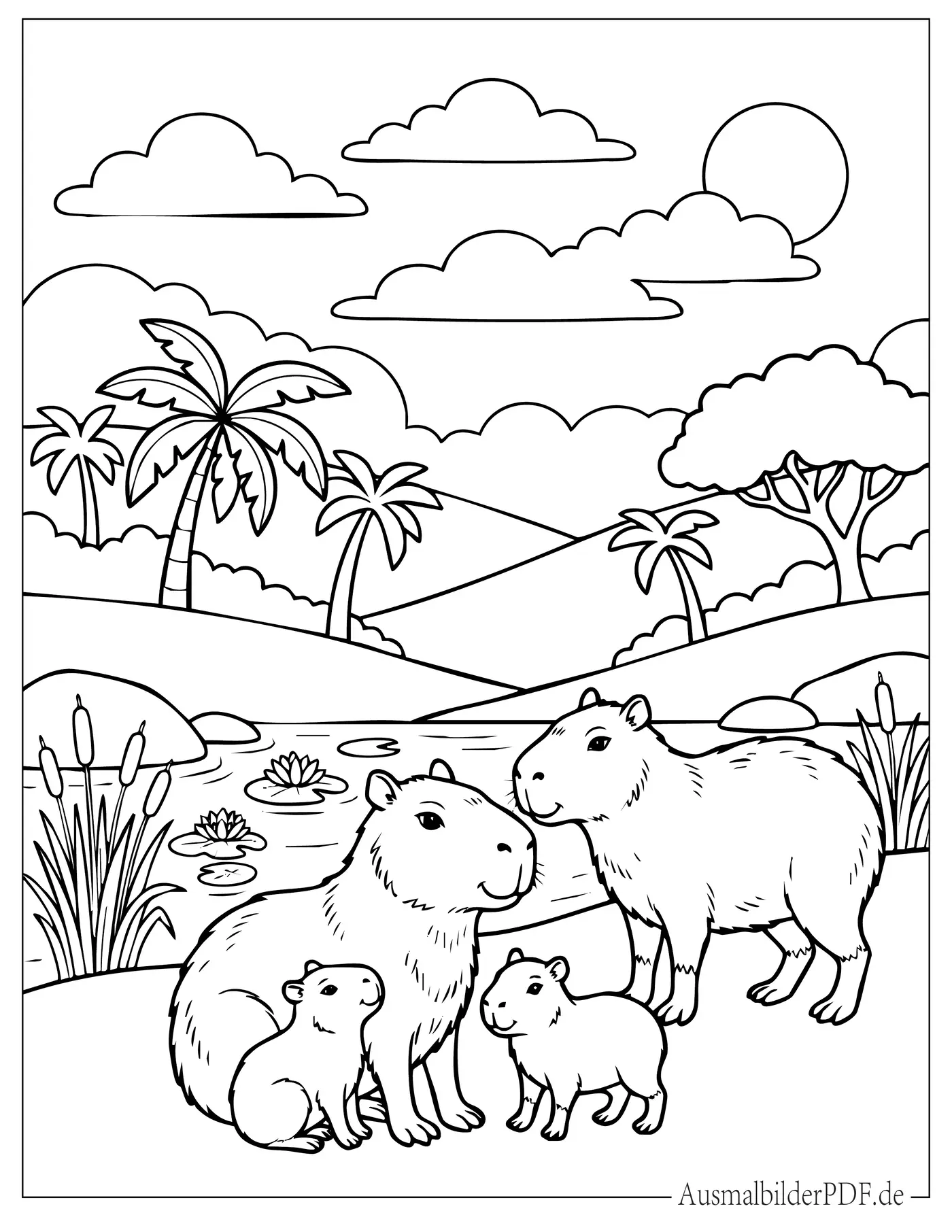 Wasserschwein Familie sitzt am See Ausmalvorlage