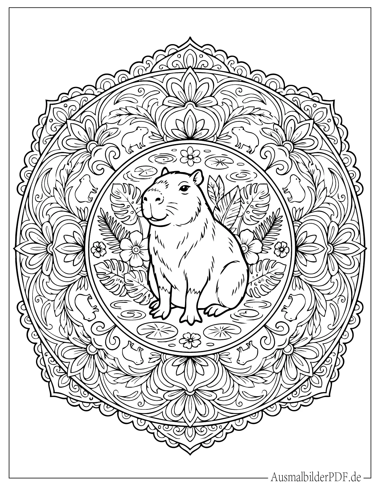 Wasserschwein in kunstvollem Mandala Ausmalbild für Erwachsene