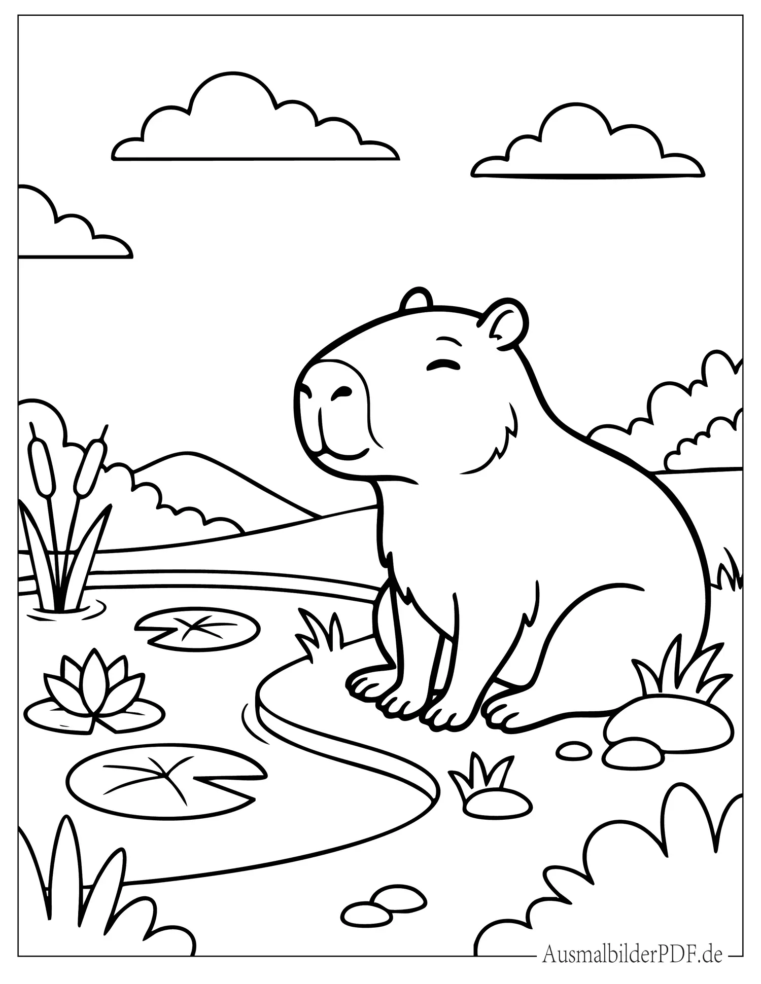 Wasserschwein sitzt an einem Teich zum Ausmalen