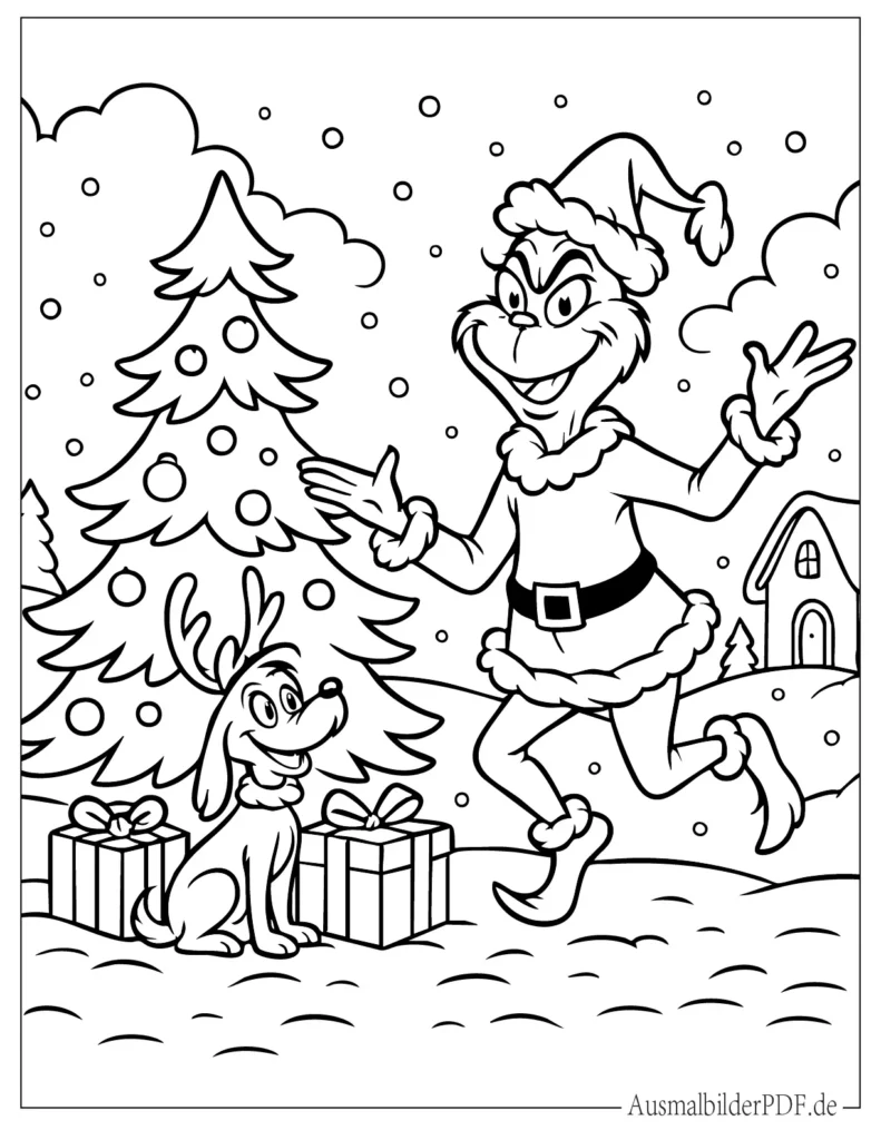 Grinch und Max mit Weihnachtsgeschenken auf festlicher Ausmalvorlage