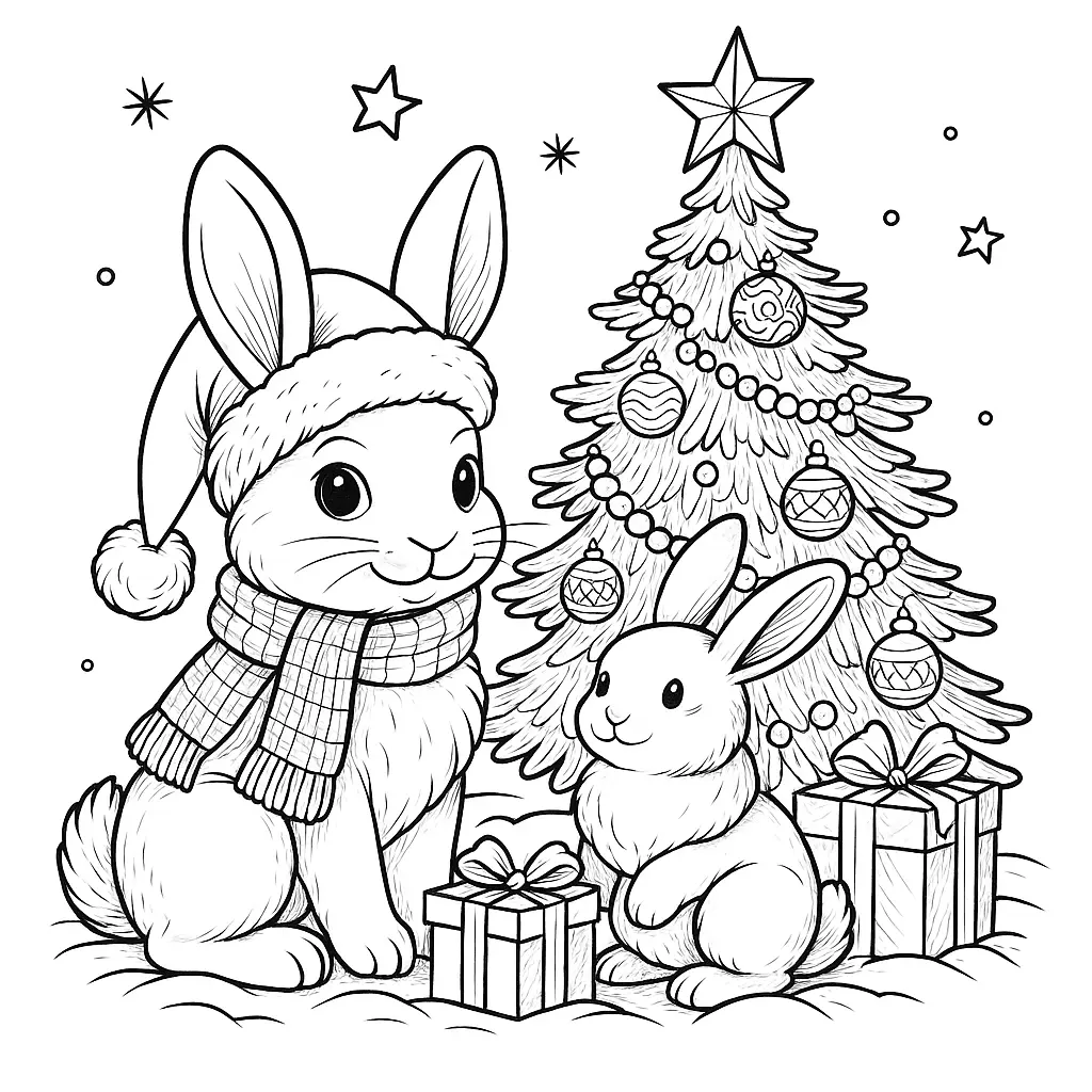 Ausmalbild eines Hasen mit Mütze neben geschmücktem Weihnachtsbaum