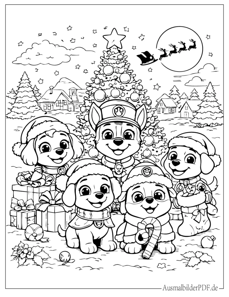 Malvorlage zeigt Paw Patrol Charaktere in Weihnachtsstimmung, kreative ausmalvorlage für Kinder zum Ausdrucken