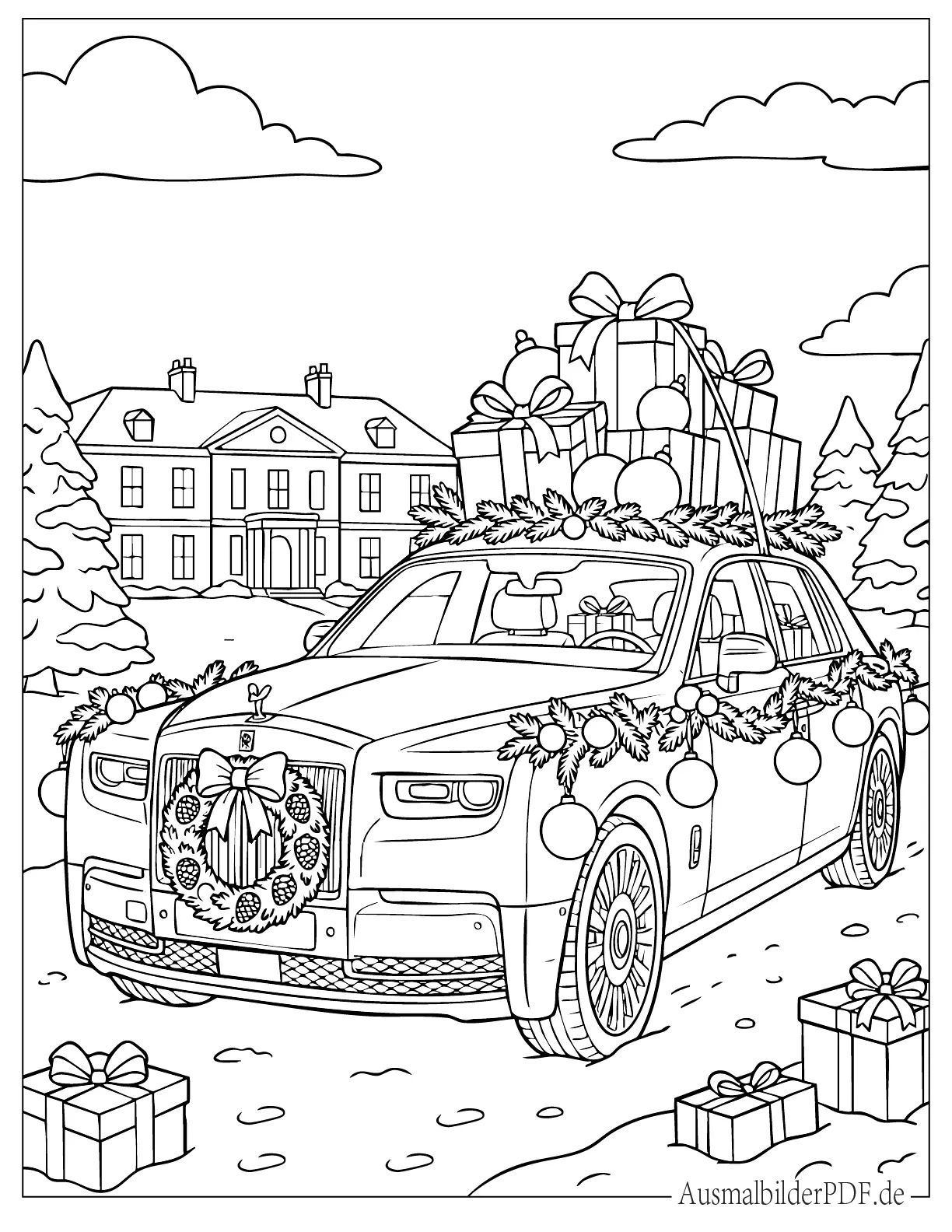 Rolls Royce dekoriert mit Weihnachtsgeschenken und Ornamenten Ausmalbild