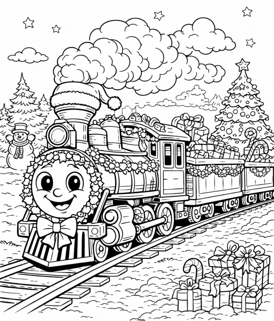 Eisenbahn Ausmalbilder (Gratis Malvorlage PDF zum drucken) Ausmalbild einer Weihnachts Eisenbahn mit Geschenken und Dekorationen für Kinder zum Ausdrucken