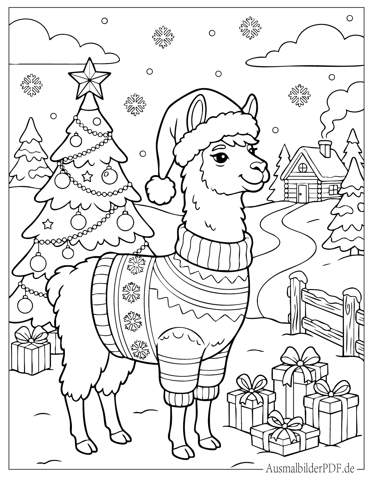 Weihnachts Lama im Pullover und Weihnachtsmütze Ausmalbild