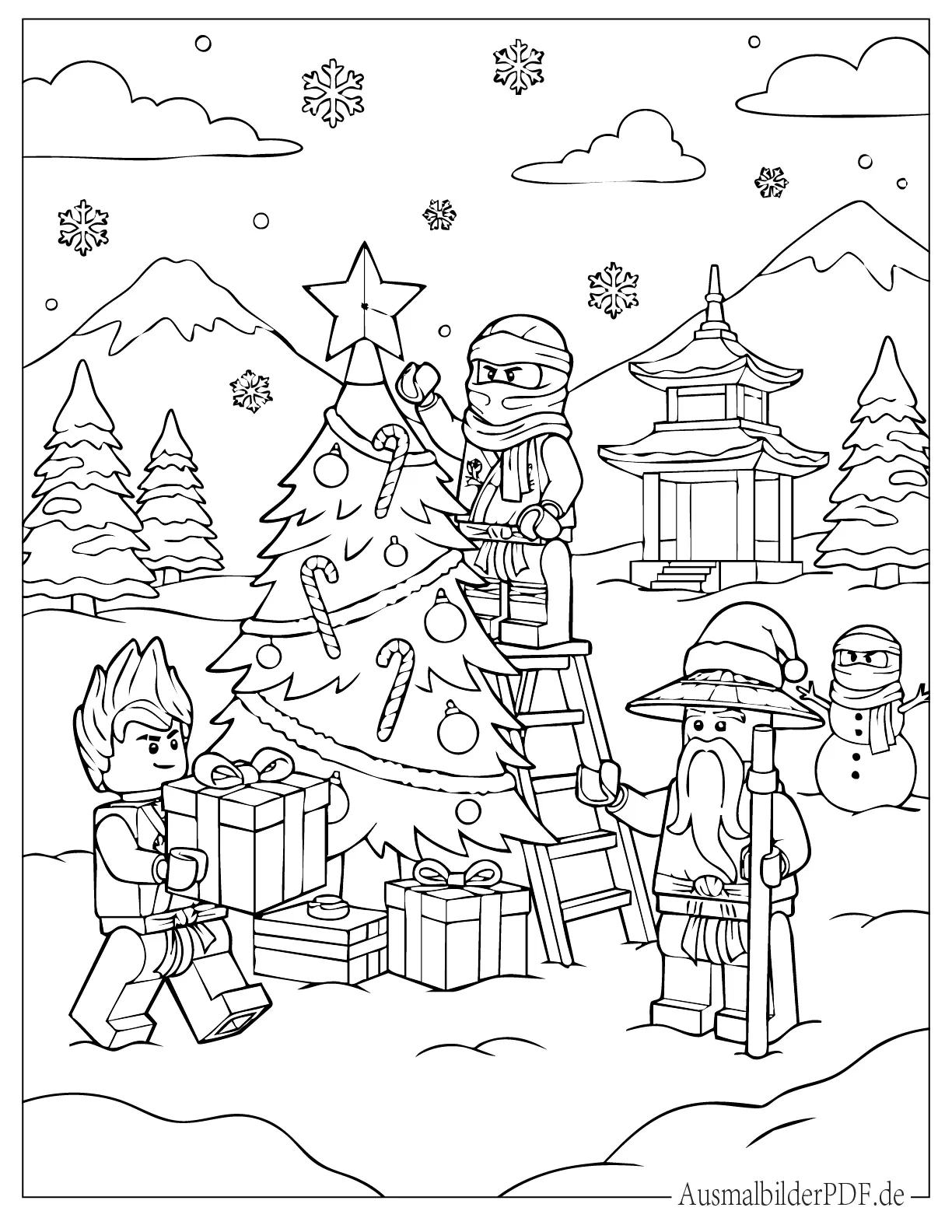 Lego Ninjago Charaktere schmücken Weihnachtsbaum Malvorlage