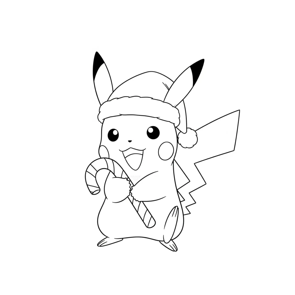 Diese Ausmalvorlage zeigt Pikachu mit einer Weihnachtsmütze in festlicher Stimmung – perfekt zum Ausdrucken für kreative Wintertage mit Kindern.