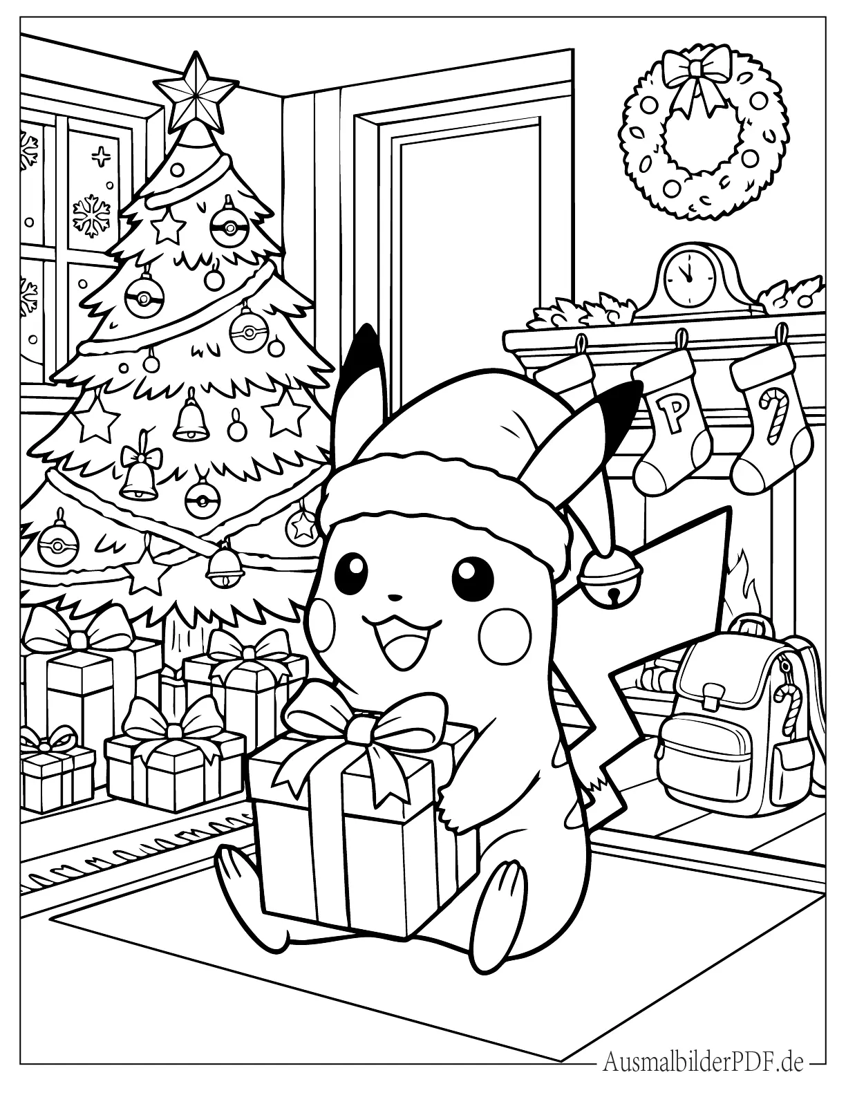 Weihnachts Pikachu mit Weihnachtsmütze und Geschenkbox Malvorlage