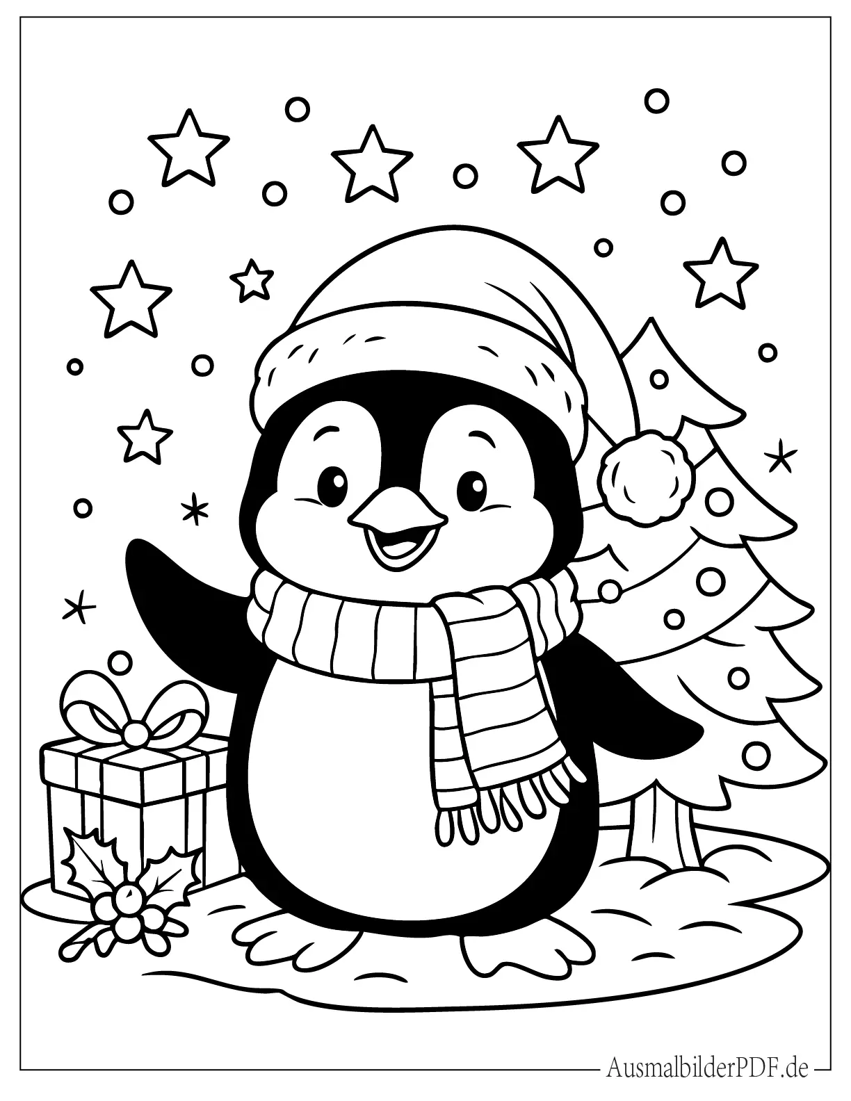 Niedlicher Weihnachts Pinguin zum Ausmalen