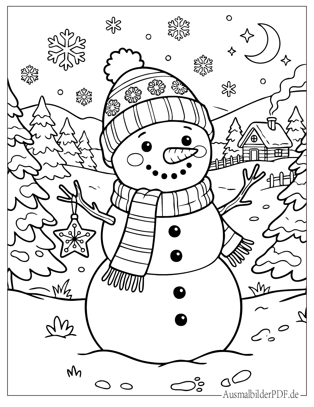 Schneemann Weihnachten Ausmalbild mit Schal im verschneiten Wald