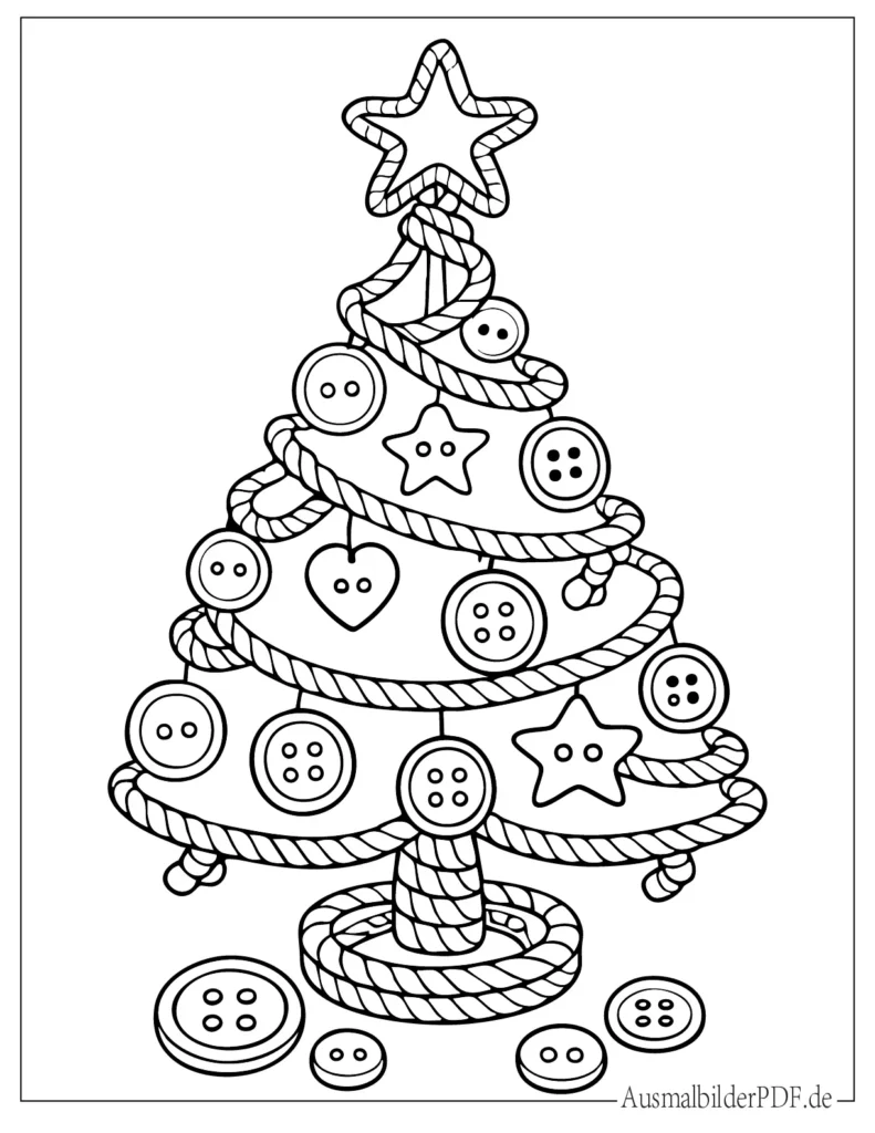 10 Weihnachtsbaum Ausmalbilder (Gratis zum Ausdrucken) Ausmalbild eines Weihnachtsbaums gestaltet aus Seilen und Knöpfen, perfekt für Kinder zum Ausmalen