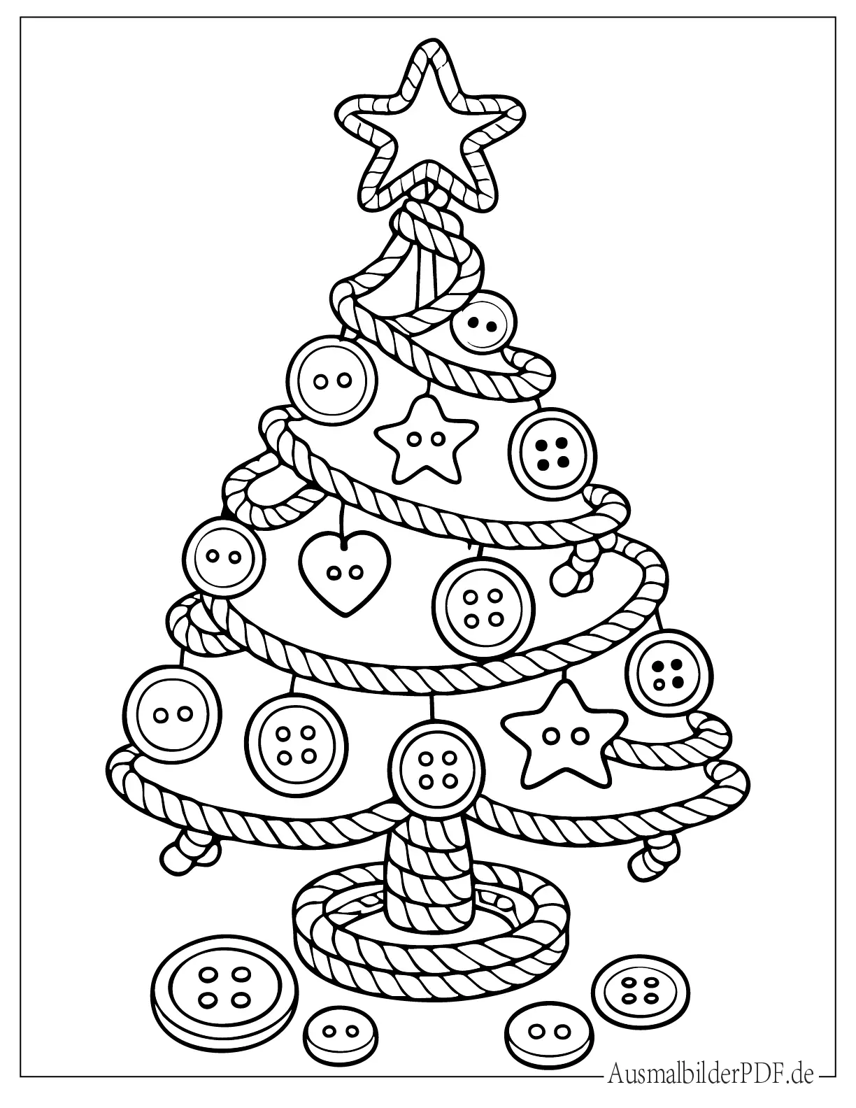 Weihnachtsbaum aus Seilen und Knöpfen zum Ausmalen