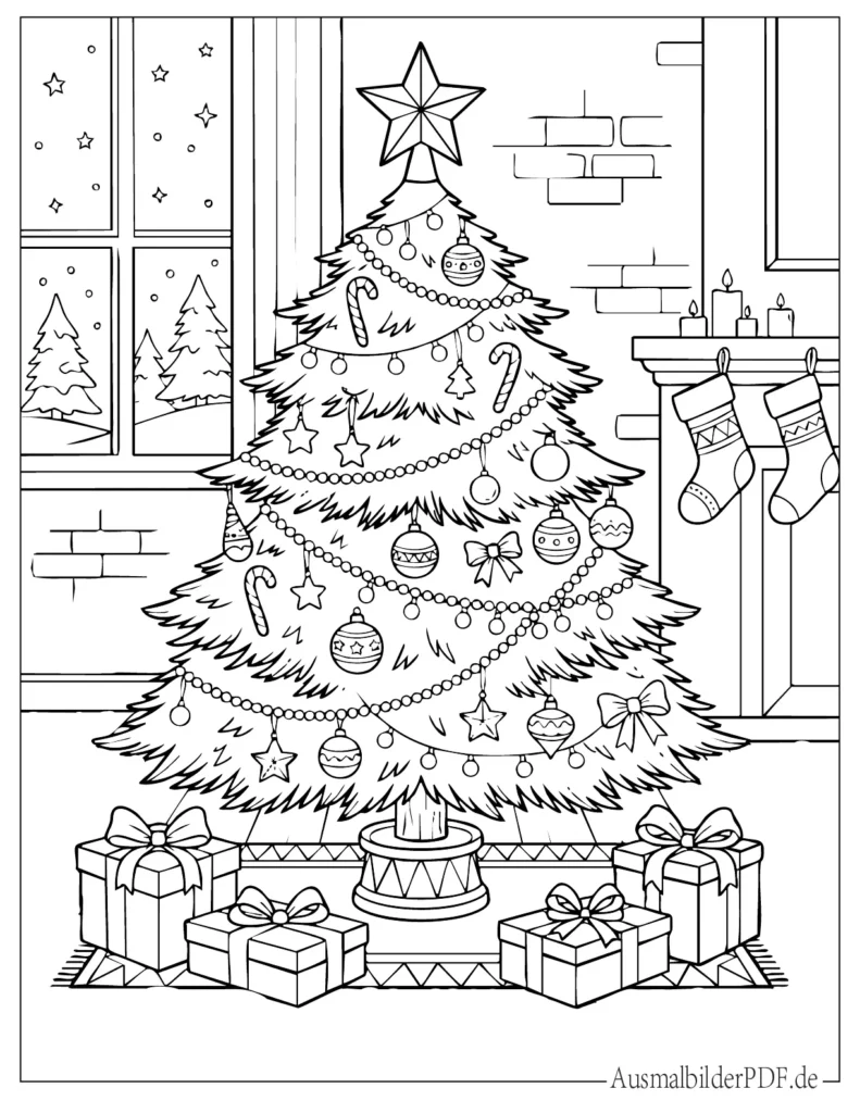 10 Weihnachtsbaum Ausmalbilder (Gratis zum Ausdrucken) Ausmalbild von einem festlich geschmückten Weihnachtsbaum für Kinder, ideal zum Ausdrucken und Ausmalen