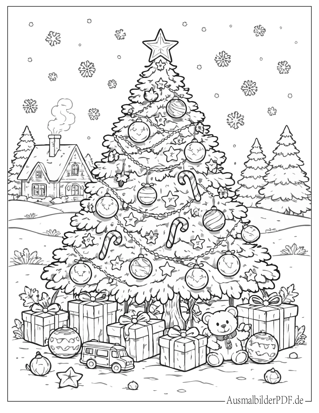 Ausmalvorlage eines festlich geschmückten Weihnachtsbaums in einem verschneiten Dorf ideal für die Weihnachtszeit.