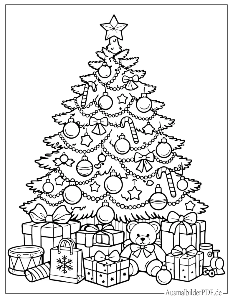 10 Weihnachtsbaum Ausmalbilder (Gratis zum Ausdrucken) Druckvorlage eines Weihnachtsbaums mit Geschenken und Ornamenten, perfekt für Kinder zum Ausmalen