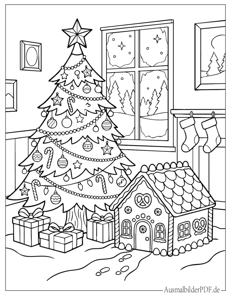 10 Weihnachtsbaum Ausmalbilder (Gratis zum Ausdrucken) Ausmalblatt eines Weihnachtsbaums neben Lebkuchenhaus, ideal für Kinder zum Ausmalen und Drucken