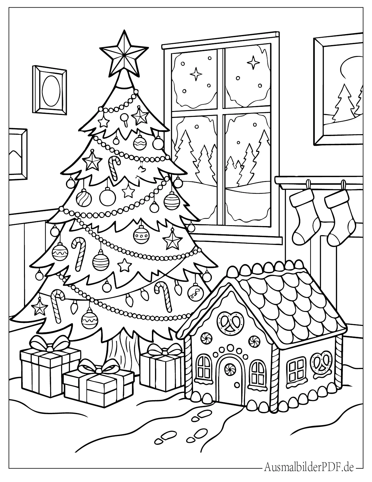 Weihnachtsbaum mit Lebkuchenhaus Ausmalbild