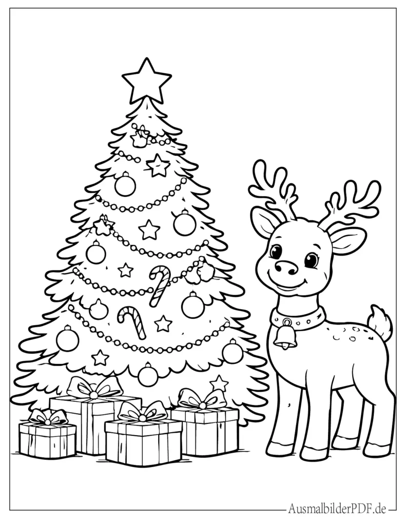 10 Weihnachtsbaum Ausmalbilder (Gratis zum Ausdrucken) Malvorlage eines Rentiers neben einem Weihnachtsbaum, ideal für Kinder zum Ausmalen und Drucken