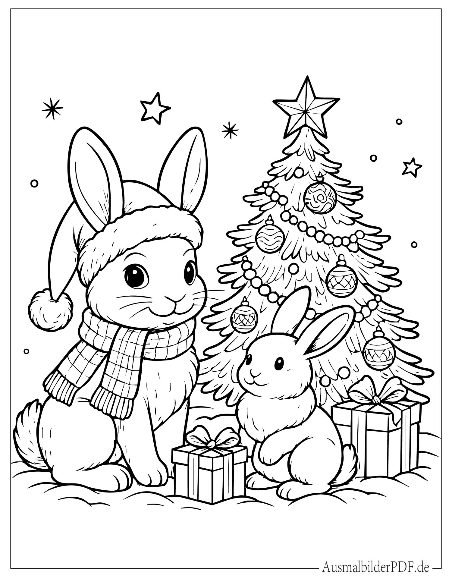 Weihnachtshase trägt Weihnachtsmütze neben einem geschmückten Baum Ausmalbild