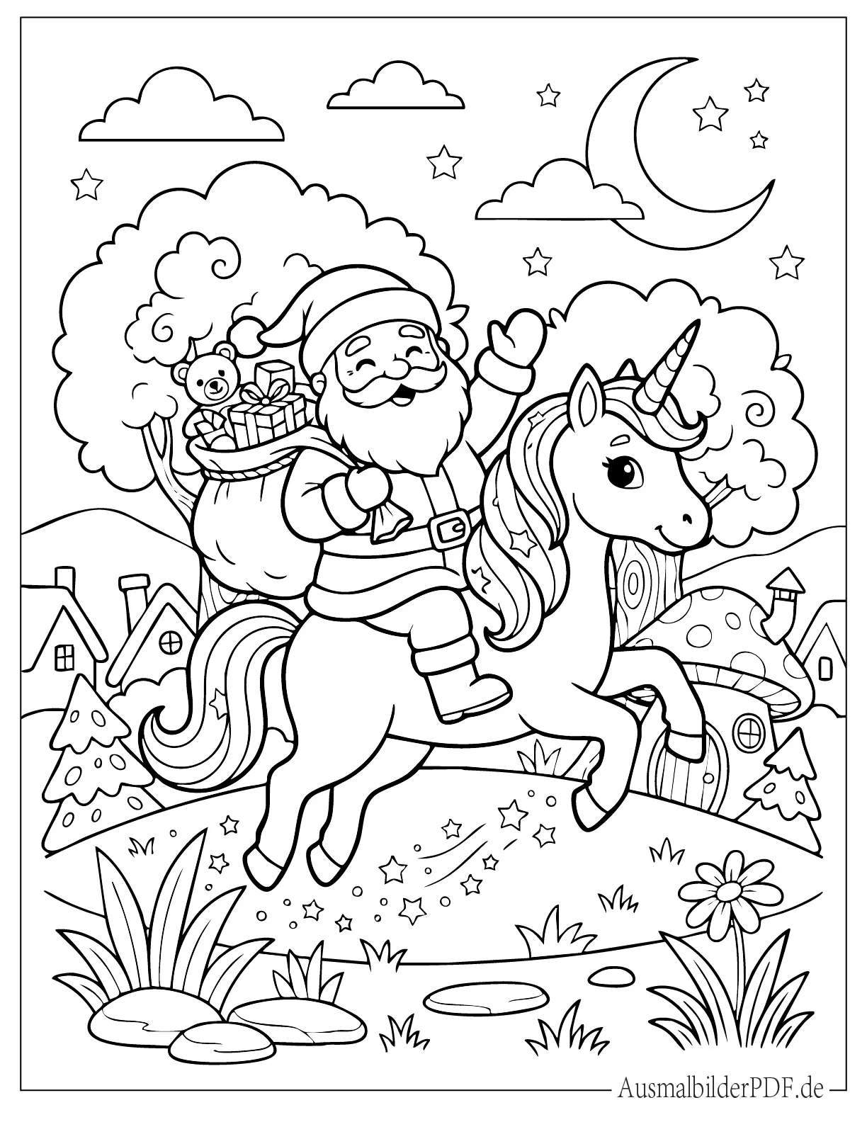 Weihnachtsmann reitet auf einem Einhorn zum Ausmalen