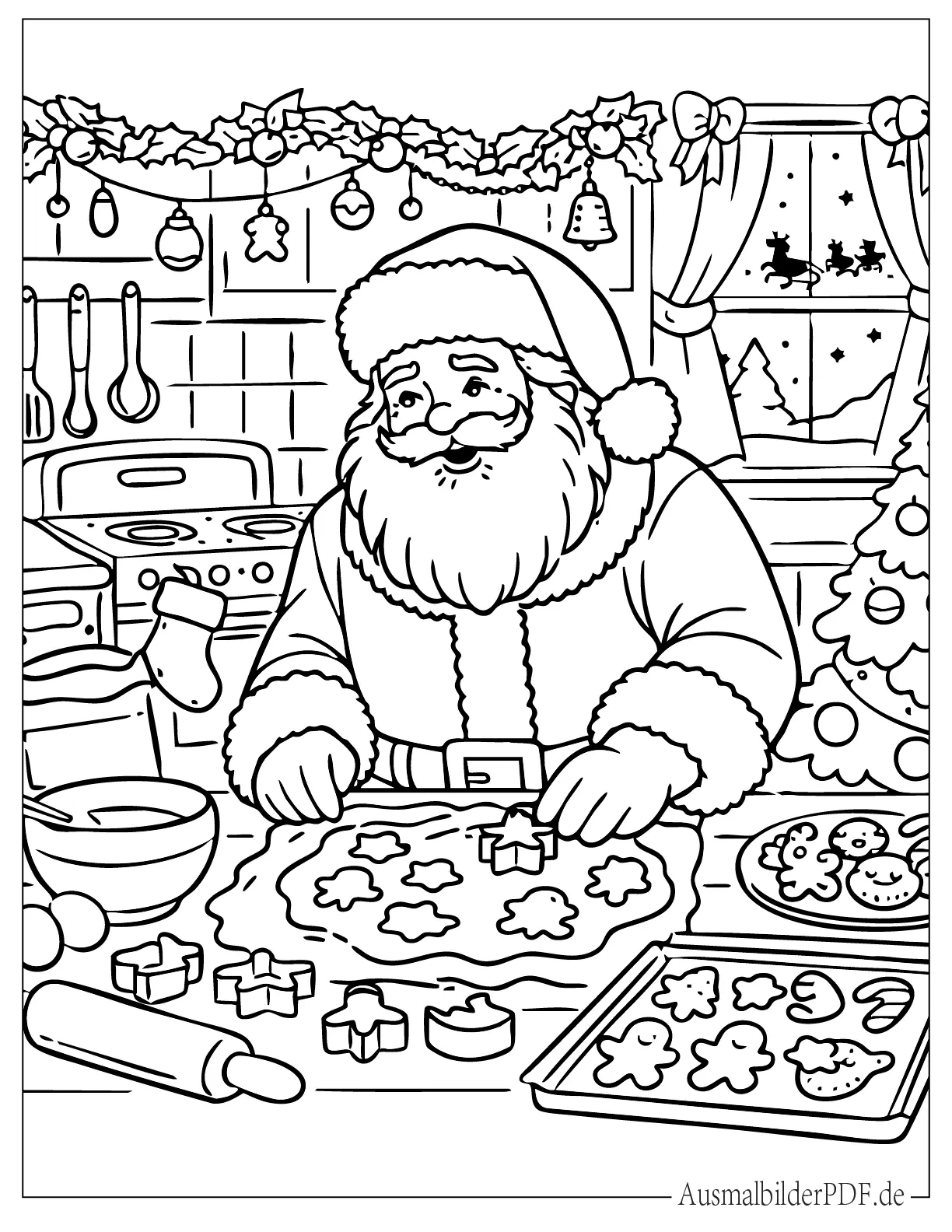Weihnachtsmann backt Weihnachtsplätzchen in festlicher Küche zum Ausmalen