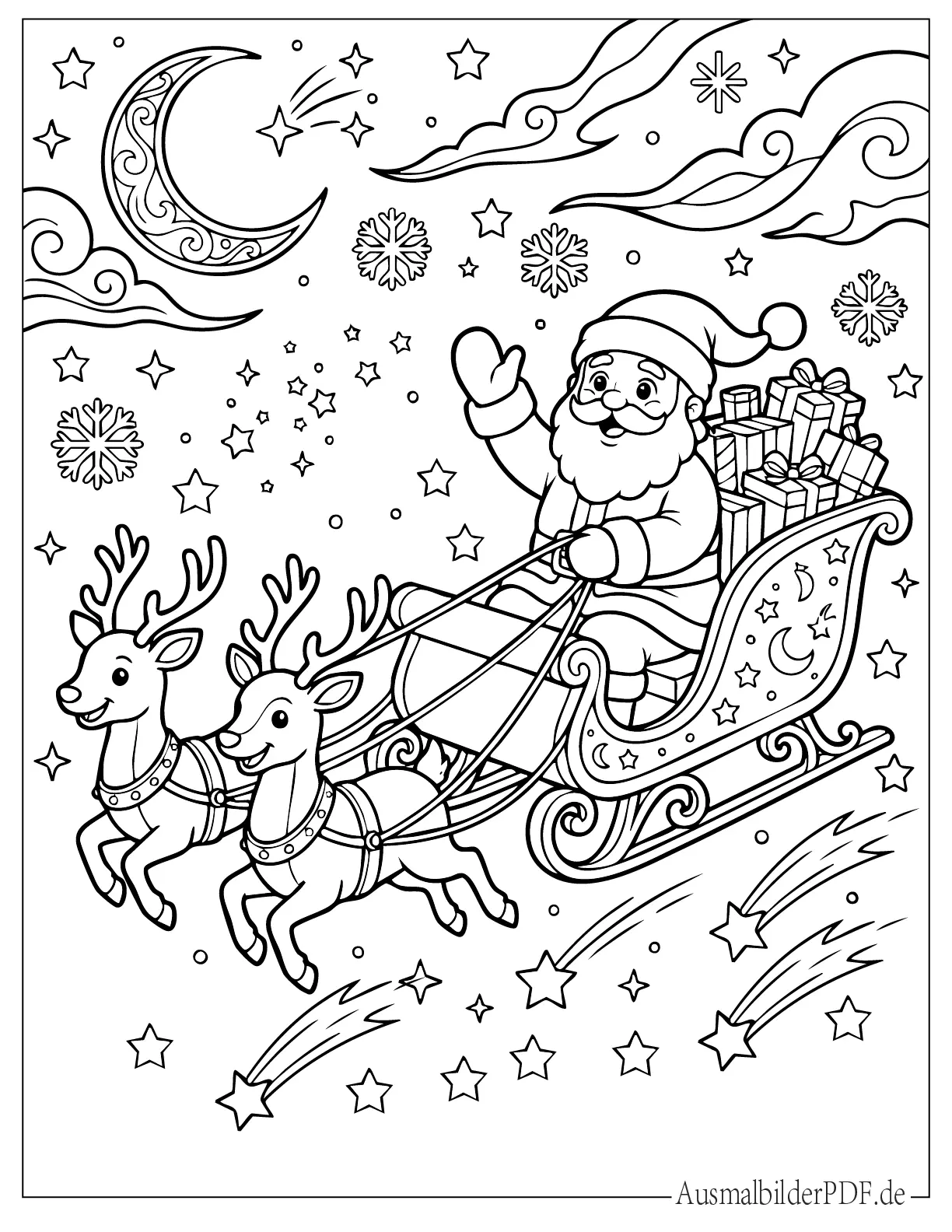 Weihnachtsmann fährt Schlitten mit Sternen und Schneeflocken Malvorlage