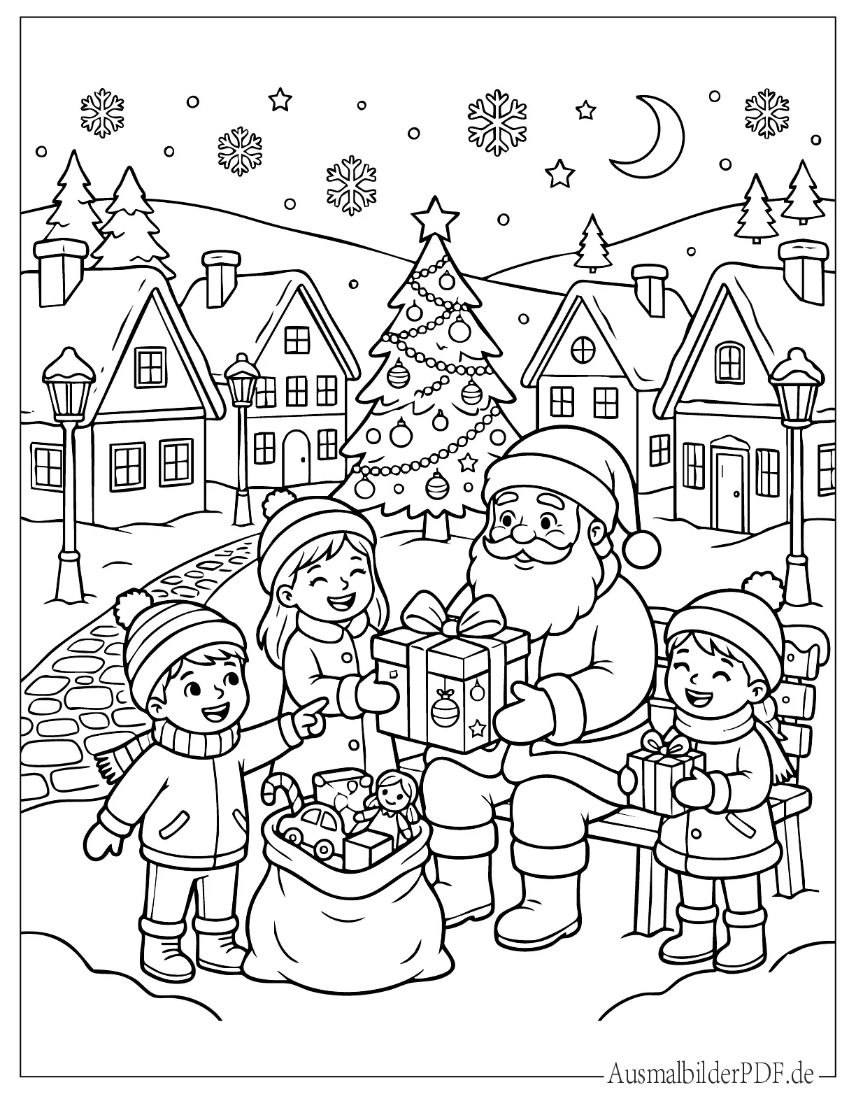 Weihnachtsmann feiert Weihnachten mit Kindern im verschneiten Dorf Ausmalbild