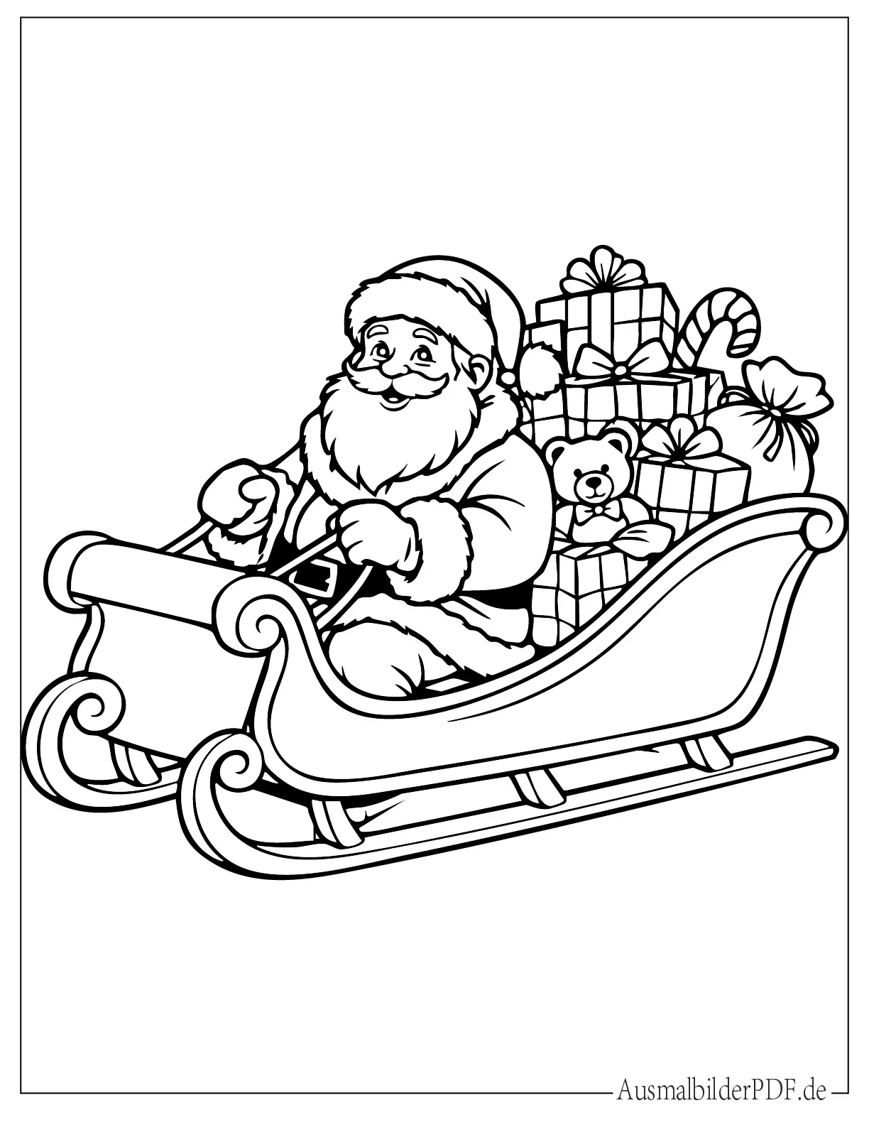 Weihnachtsmann im Schlitten mit Geschenken zum Ausmalen