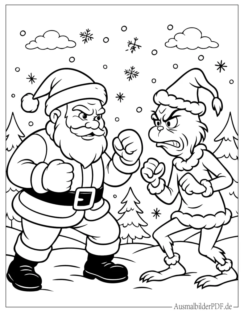 Weihnachtsmann kämpft gegen Grinch Ausmalbild