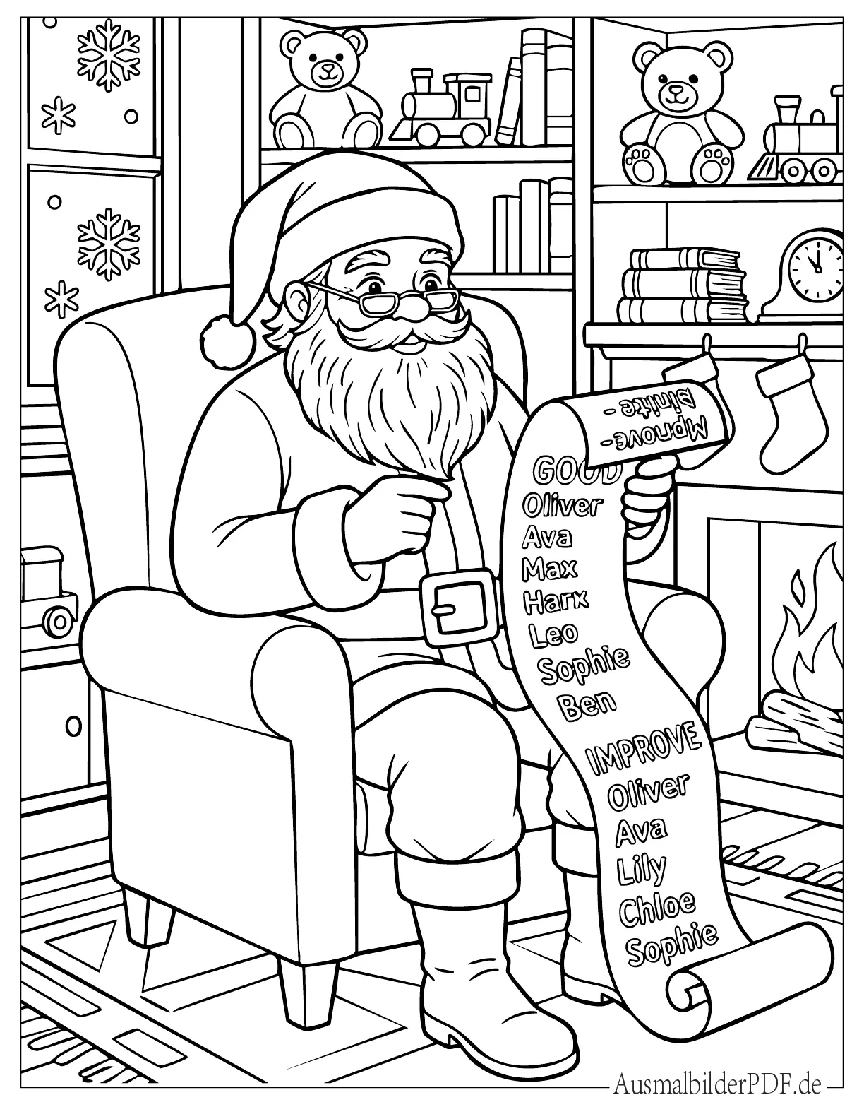 Weihnachtsmann liest seine Liste Ausmalbild zum Ausdrucken