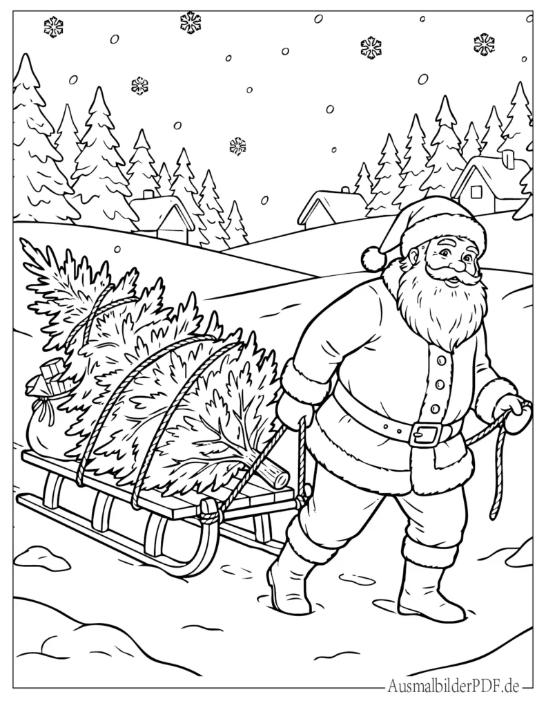 10 Weihnachtsbaum Ausmalbilder (Gratis zum Ausdrucken) Weihnachtsmann zieht einen Weihnachtsbaum durch den Schnee, Ausmalbild für Kinder zum Drucken