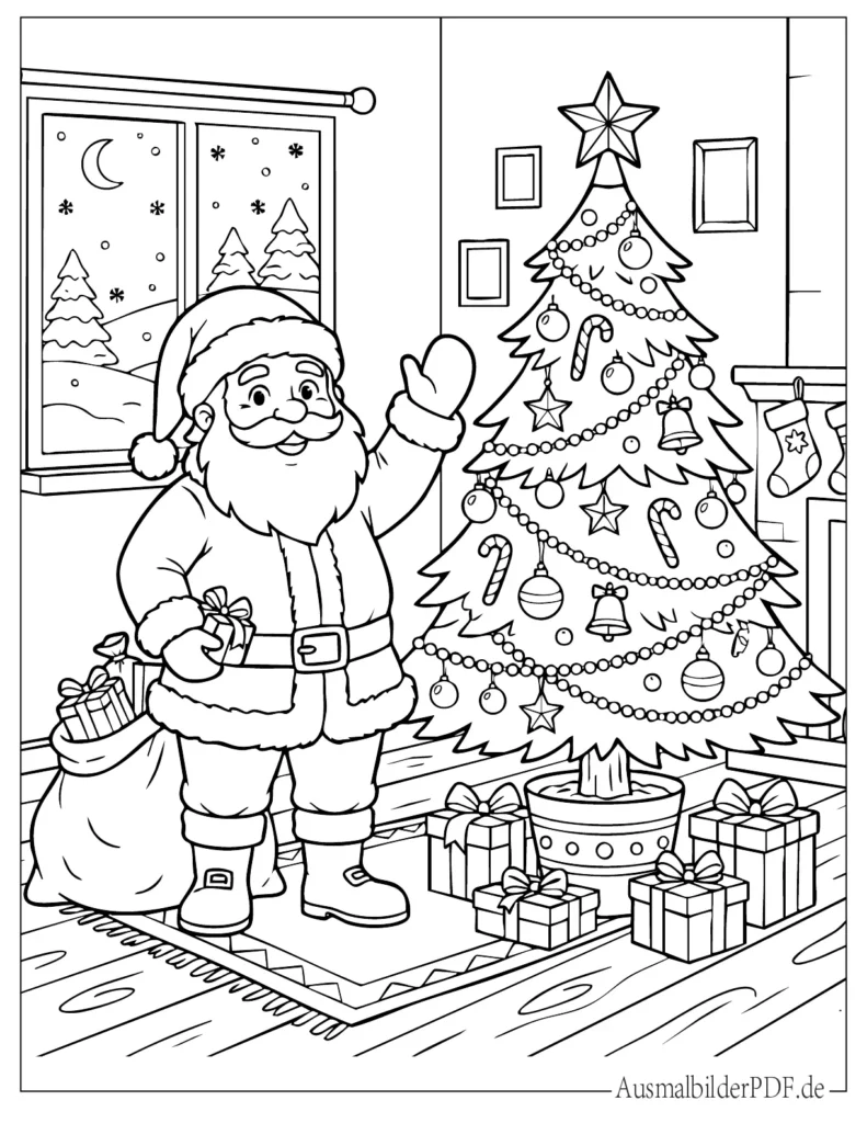 10 Weihnachtsbaum Ausmalbilder (Gratis zum Ausdrucken) Malvorlage vom Weihnachtsmann neben festlich geschmücktem Baum für Kinder zum Ausmalen und Ausdrucken