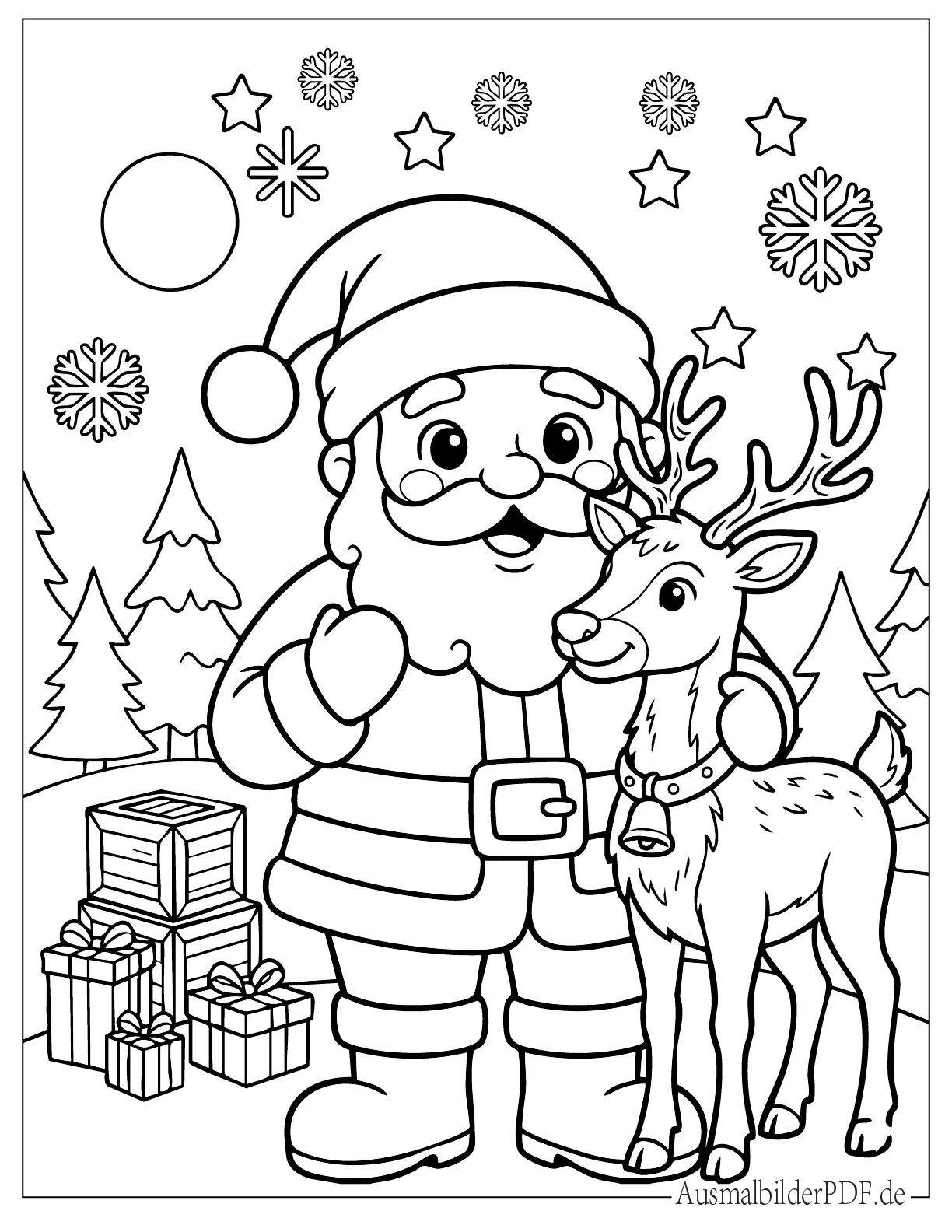 Weihnachtsmann trägt Mütze steht neben einem Rentier zum Ausmalen