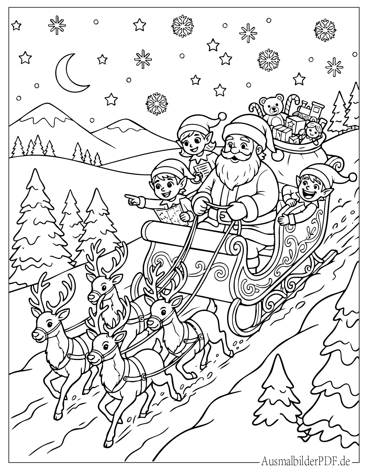Detaillierter Weihnachtsmann fährt Schlitten mit Elfen den verschneiten Hügel hinunter Malvorlage