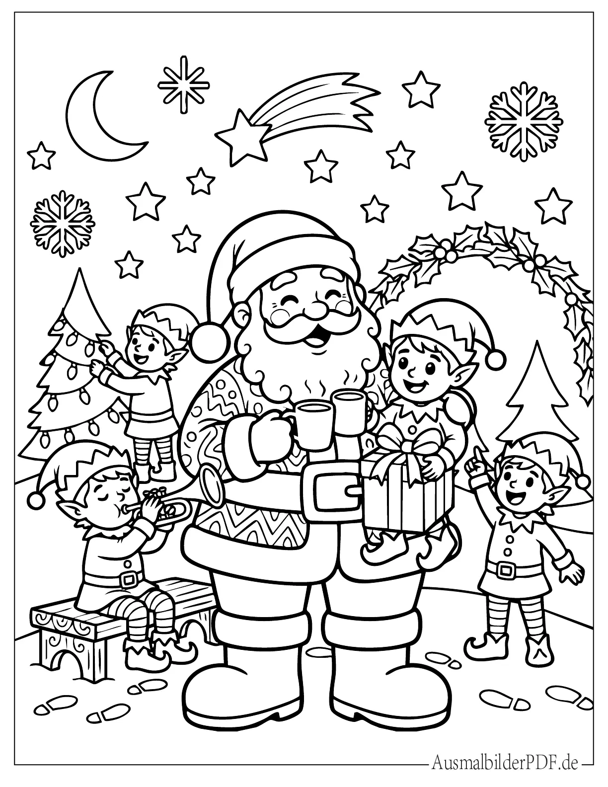 Weihnachtsmann und Weihnachtswichtel feiern unter Sternenhimmel Ausmalbild