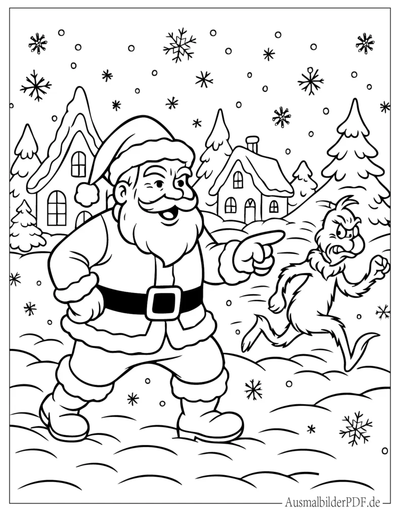 Weihnachtsmann vertreibt Grinch auf winterlicher Malvorlage