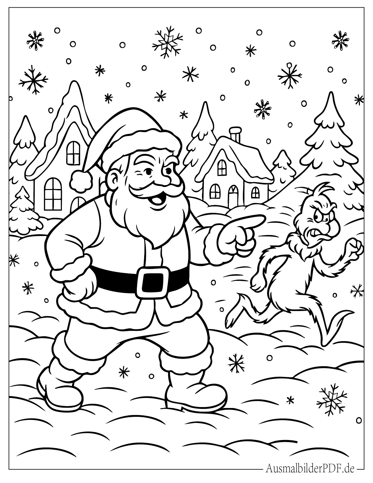 20 Grinch Ausmalbilder (Gratis Malvorlagen zum Ausdrucken) Weihnachtsmann vertreibt Grinch auf winterlicher Malvorlage