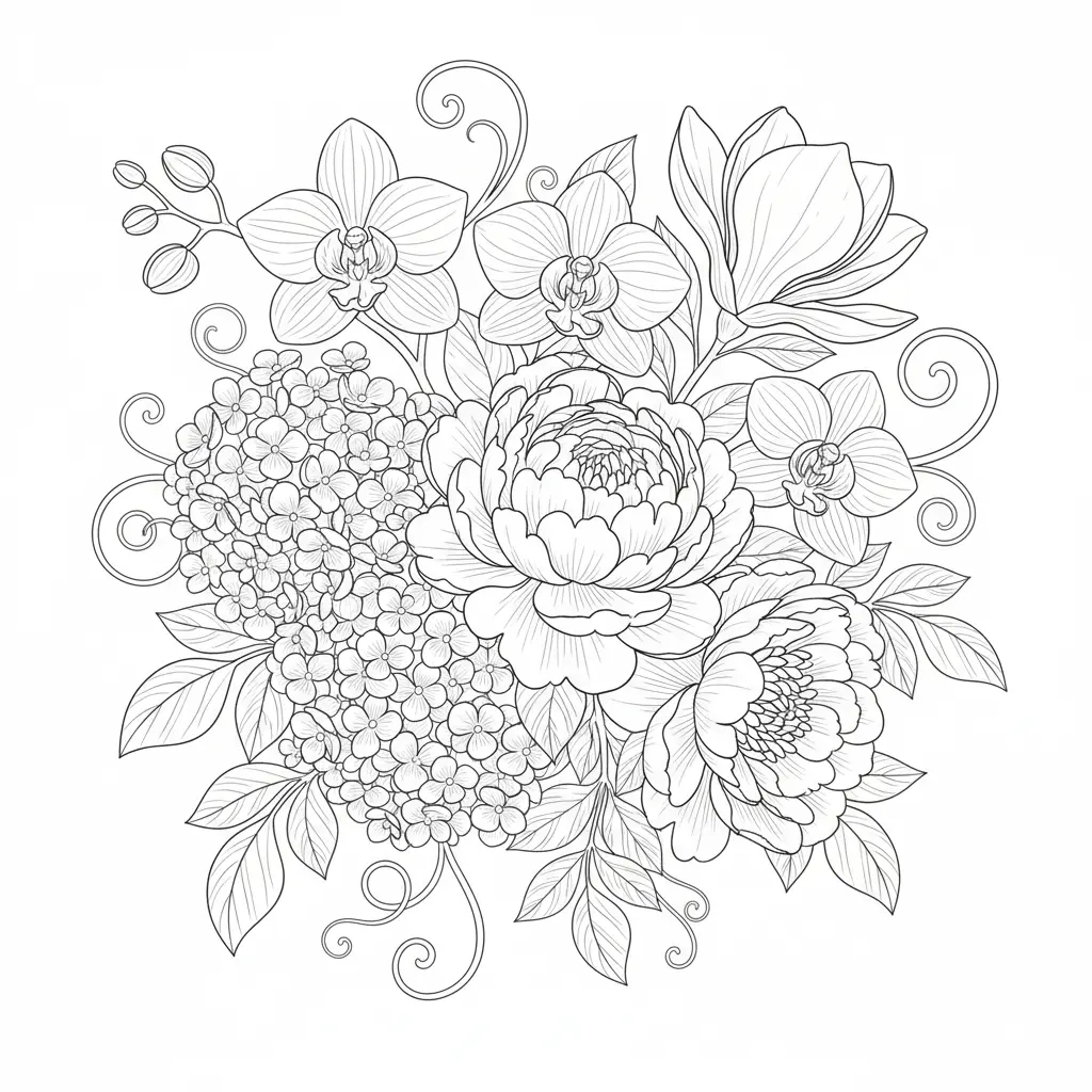 30+ Blumen Ausmalbilder (Gratis Malvorlage zum Ausdrucken) Ein elegantes Ausmalbild mit weißen Pfingstrosen, Orchideen, Hortensien und Magnolien – perfekt zum Ausdrucken und Ausmalen in Ruhe