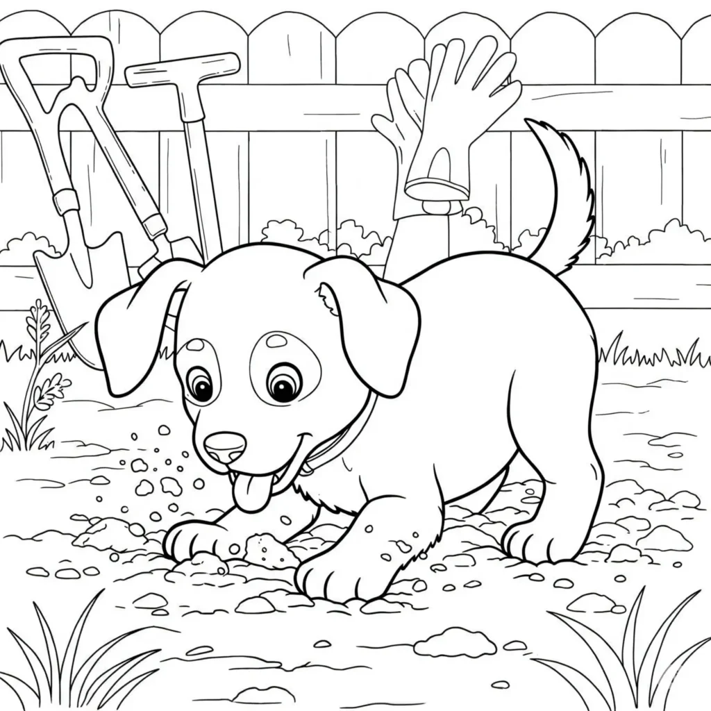 Welpe beim graben im garten als ausmalbild für kinder