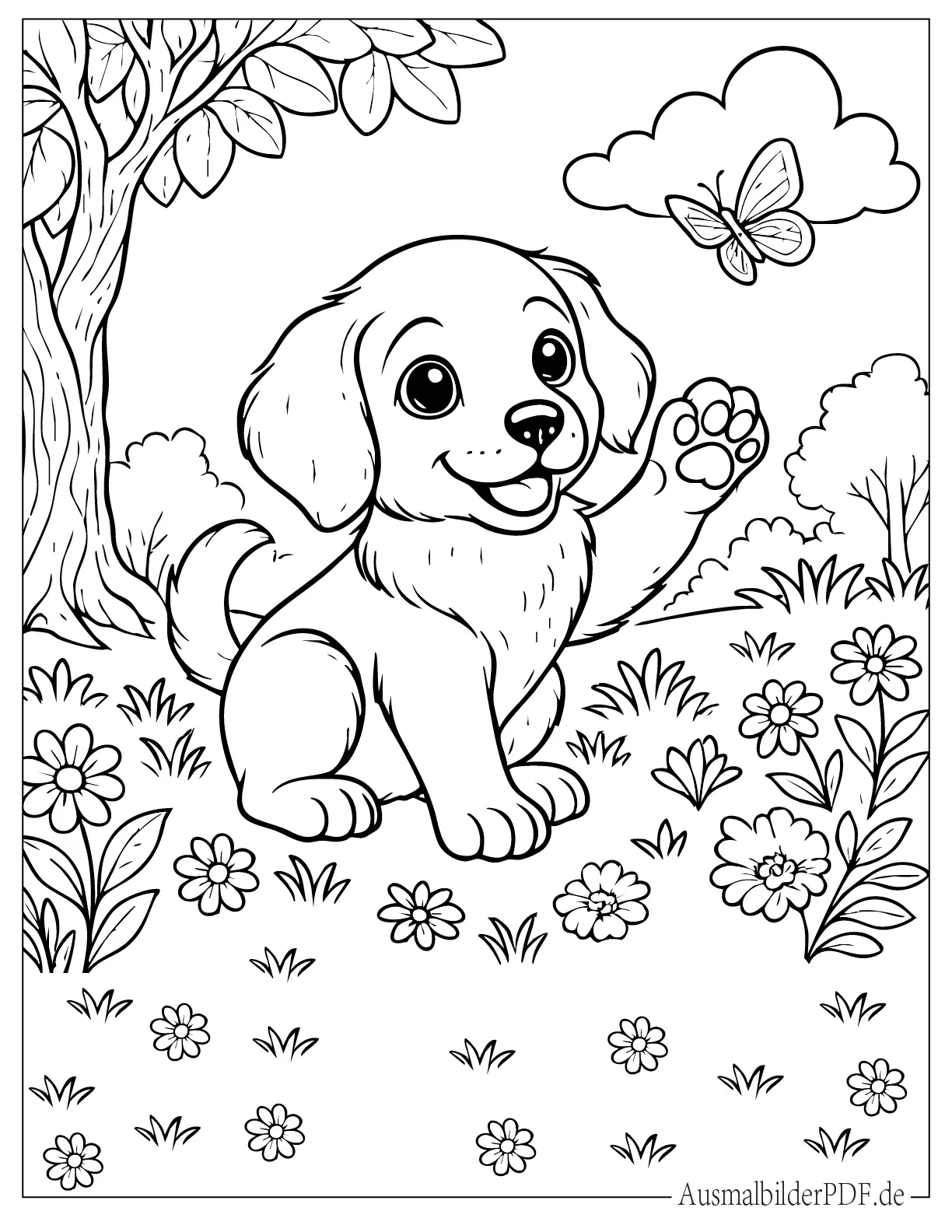 Hund Welpe spielt mit Schmetterling im Dschungel zum Ausmalen