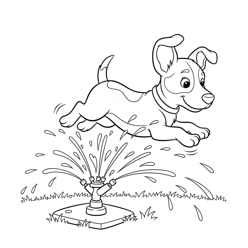 Ein kleiner Hund tollt im Garten durch einen laufenden Sprinkler an einem heißen Sommertag sommer ausmalbilder einfach zum ausdrucken kostenlos