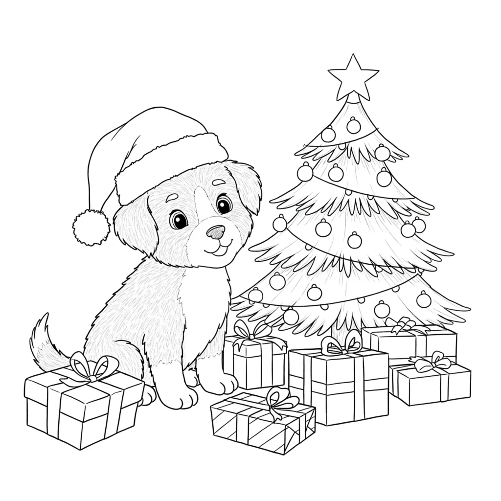 Süßer welpe mit weihnachtsmütze als ausmalbild für kinder zu weihnachten