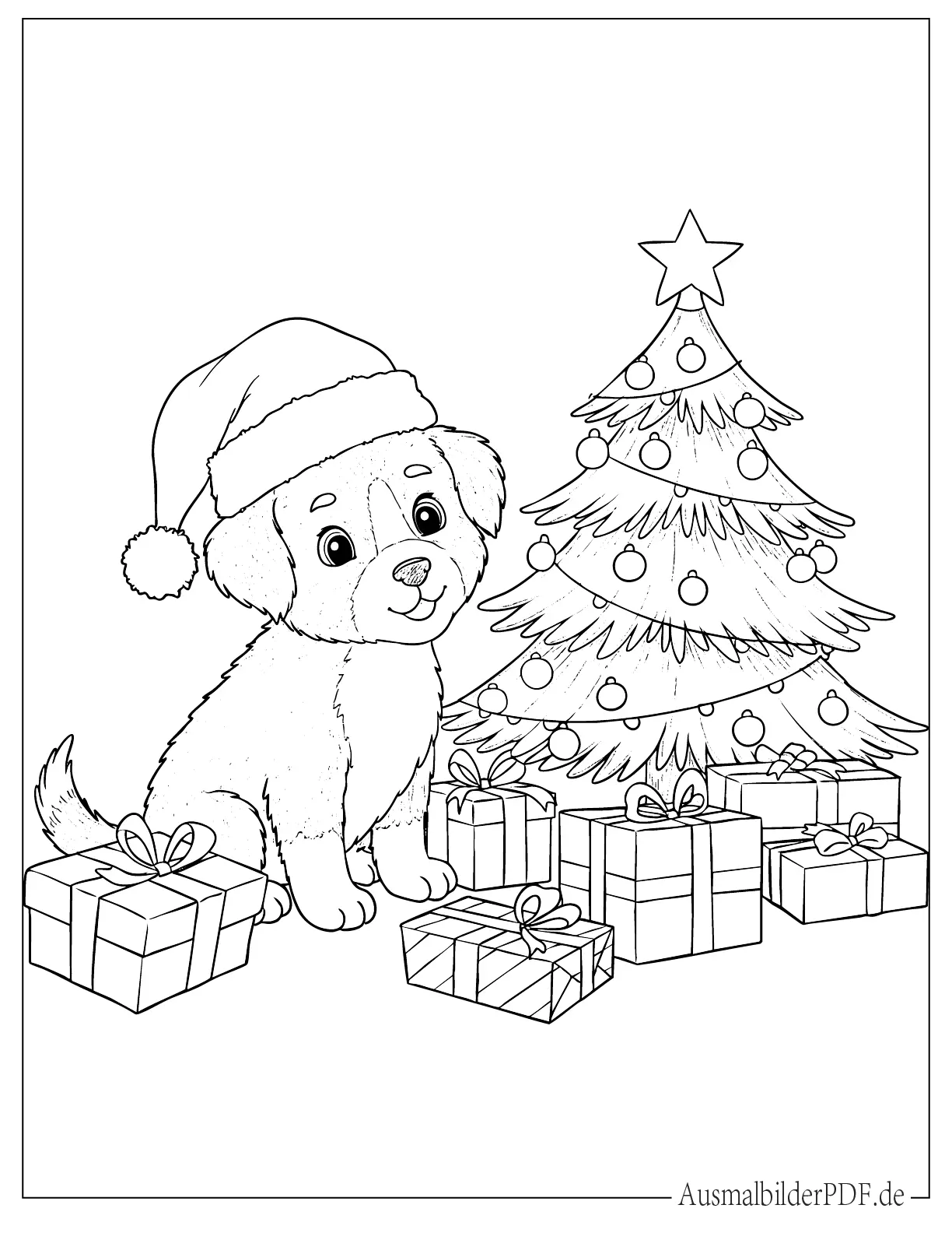 16 Ausmalbilder Welpen (Gratis Druckvorlagen zum Download) Ausmalbild von einem Welpen mit Weihnachtsbaum und Geschenken