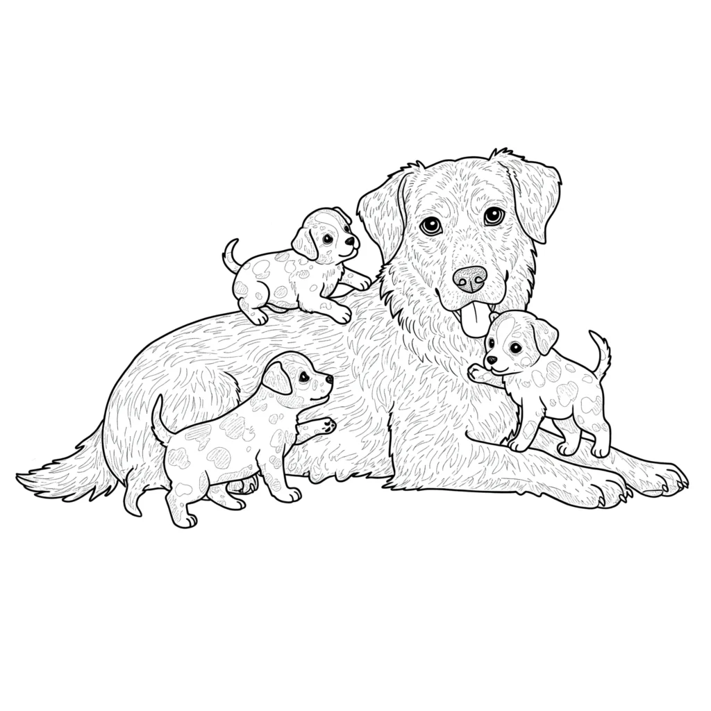 Mama Hund mit drei welpen zum ausmalen für kinder