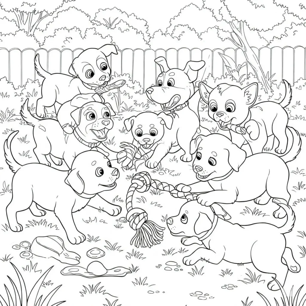 Zwei welpen geschwister spielen zerrspiel als ausmalbild für kinder