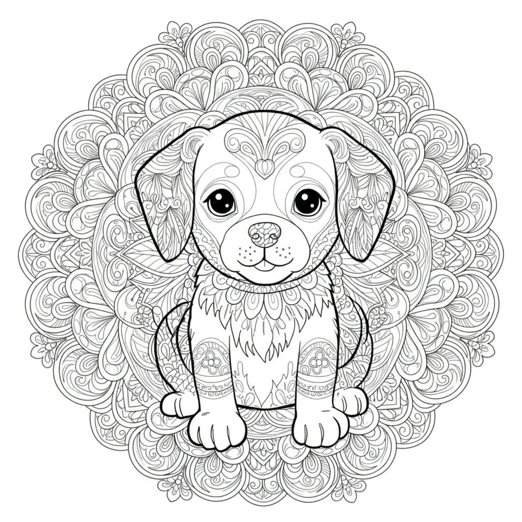 Mandala Malvorlage mit süßen Welpenmotiven zum Ausmalen für Kinder