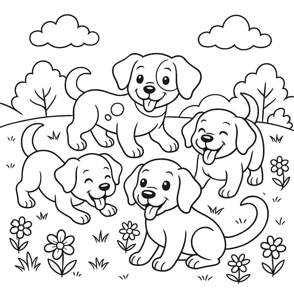Ausmalbild mit spielenden Hundewelpen auf einer Wiese mit Blumen und Bäumen