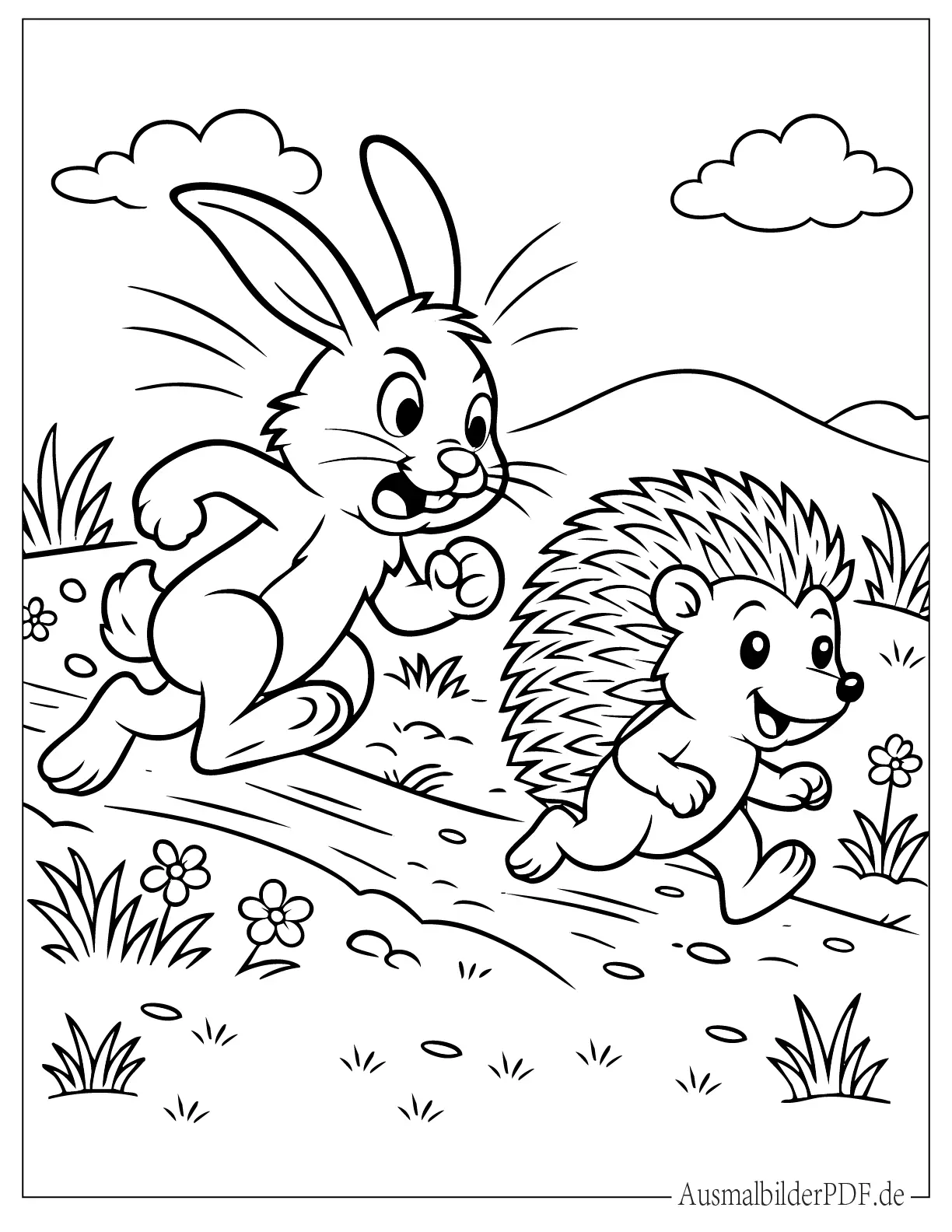 26 Ausmalbilder Igel (Kostenlose Druckvorlagen zum Download) Ausmalbild von einem Hasen der einen Igel verfolgt