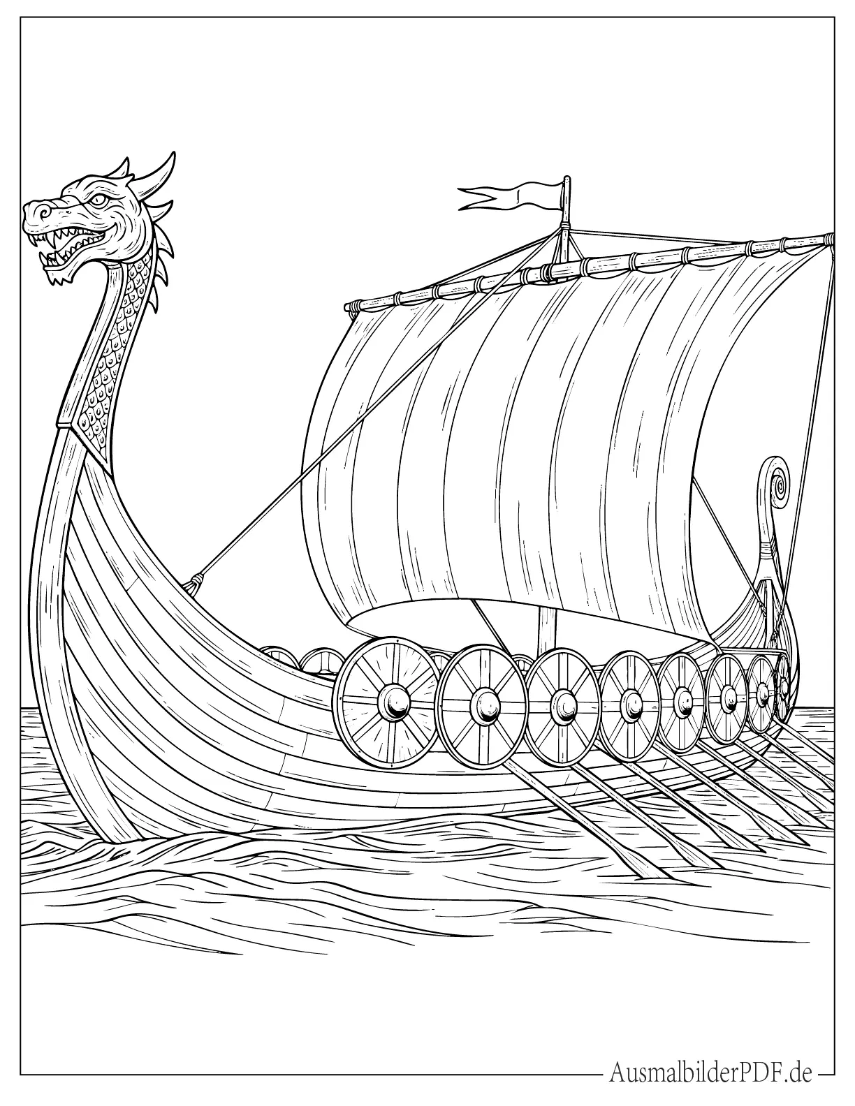 Detailliertes Wikingerboot mit Schildern Malvorlage