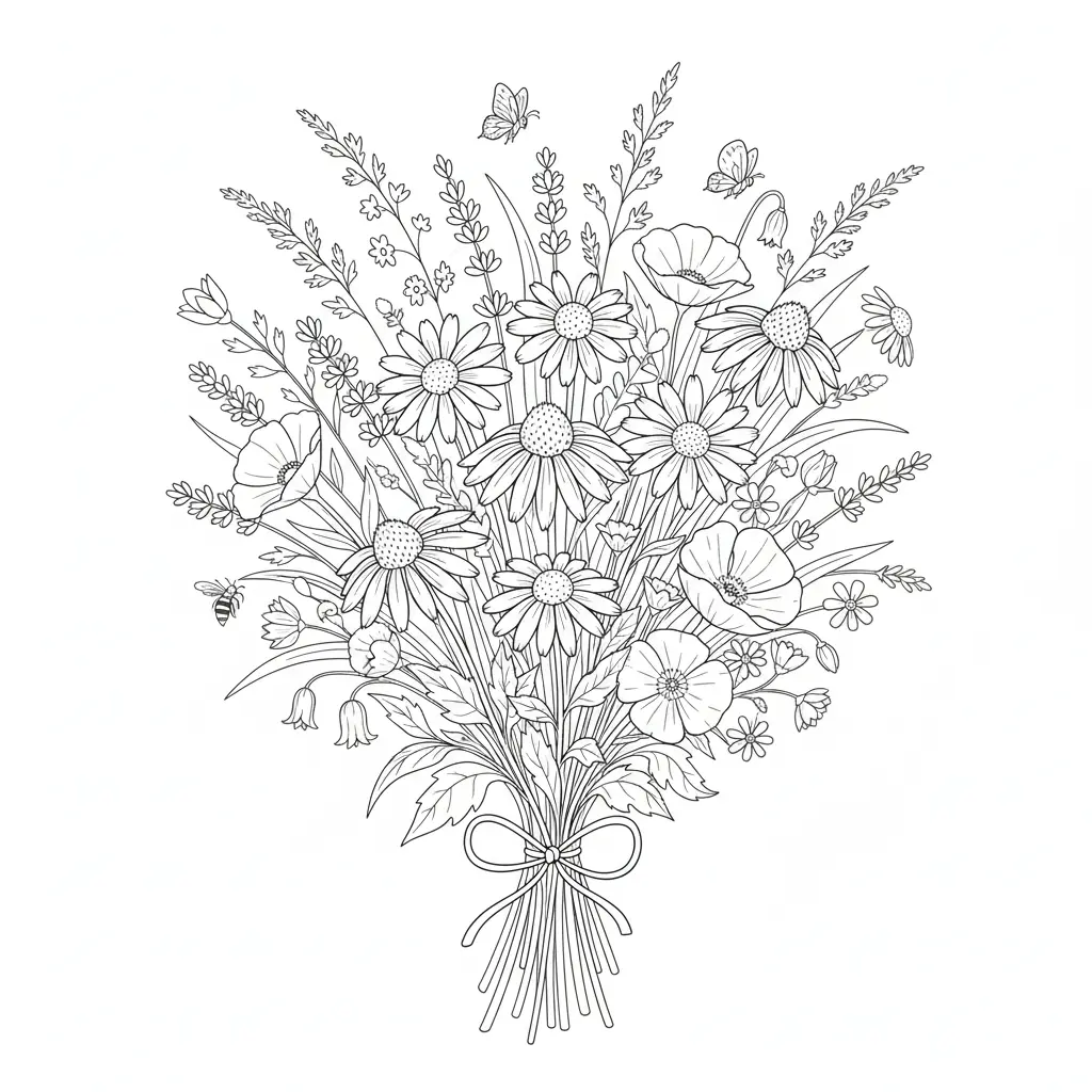 30+ Blumen Ausmalbilder (Gratis Malvorlage zum Ausdrucken) Ein liebevoll gestaltetes Ausmalbild eines Wildblumenstraußes mit verschiedenen Blütenarten, ideal zum Ausdrucken und Ausmalen